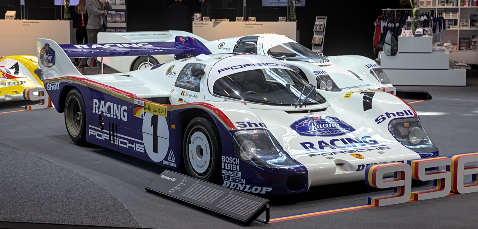 Porsche 956 in the blue, white and gold Rothmans Group C livery