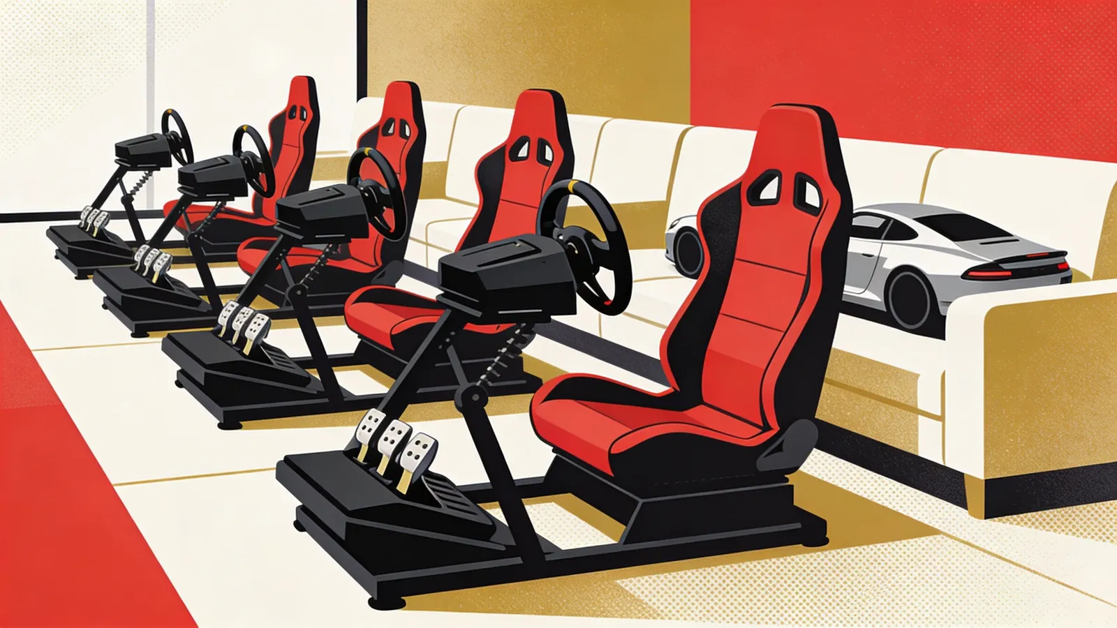 Row of commercial sim racing rigs