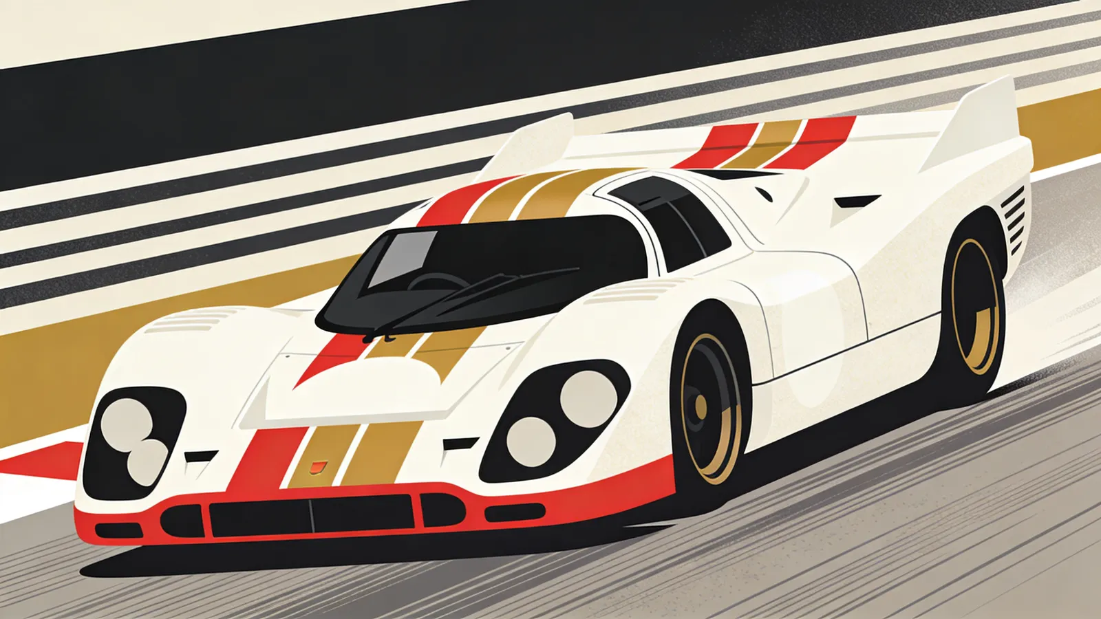 Stylised illustration of a classic race car in a bold heritage racing livery