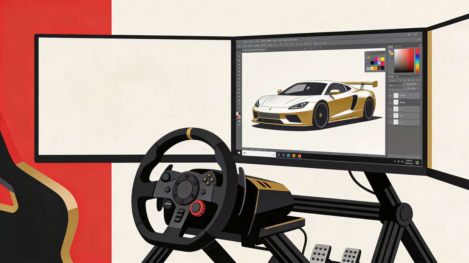 Stylised illustration of a sim racing rig with a livery paint editor on screen